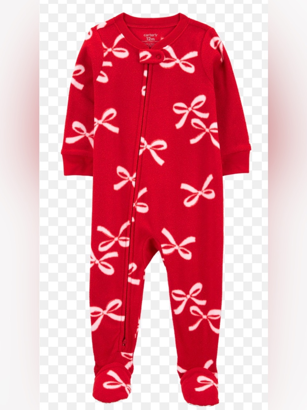 24M🎁 Carter’s Fleece White Bows on Red Gripper Footies Cozy Zippered Pajamas